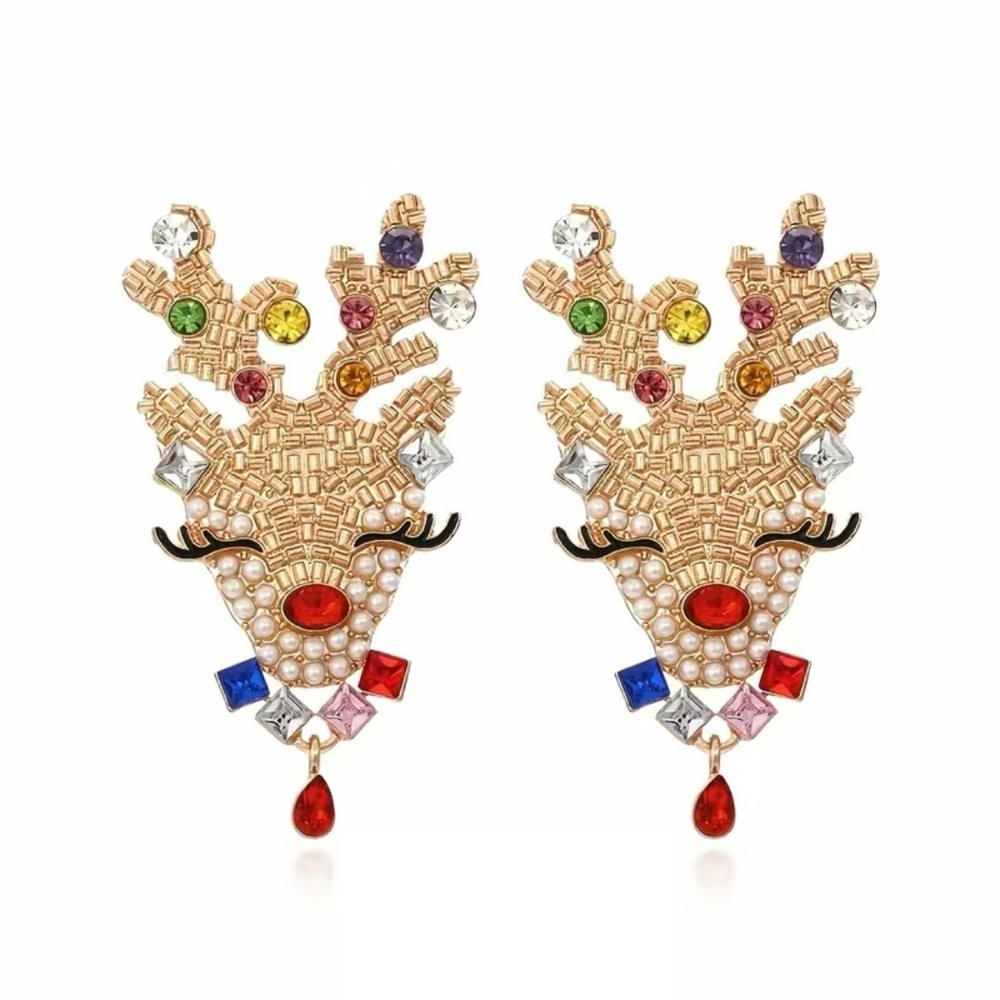 Christmas Female Elk Design Multicolor Rhinestone Statement Earrings NWOT